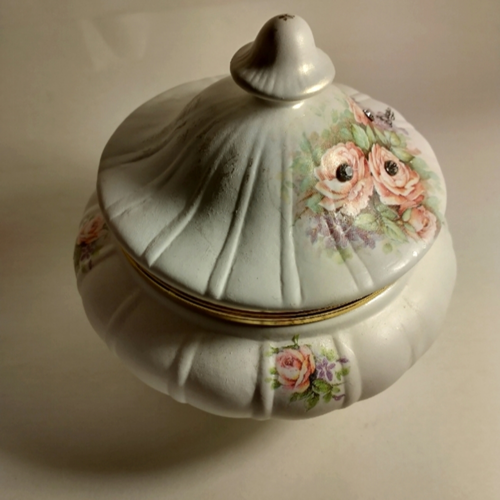 Made in Italy floral rhinestone dresser jar.